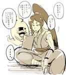  1boy :o ghost high_ponytail japanese_clothes lips long_hair monochrome neko_ni_chikyuu oogama_(youkai_watch) open_mouth sandals sitting sleeveless tablet_pc translation_request very_long_hair whisper_(youkai_watch) white_background youkai youkai_pad youkai_watch 