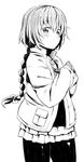  :o braid coat darker_than_black greyscale haruken monochrome pantyhose simple_background solo suou_pavlichenko white_background 