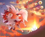  absurdres claws closed_mouth cloud commentary_request fang fang_out from_below green_eyes highres hoppip jumpluff lycanroc lycanroc_(dusk) outdoors pokemon pokemon_(creature) sky sunset taketori_subalu twilight 