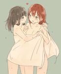  bad_id bad_pixiv_id black_hair blush breasts brown_hair hair_down heart kantai_collection kitakami_(kantai_collection) long_hair medium_breasts multiple_girls naked_towel nude ooi_(kantai_collection) shared_towel smile standing syou_(endemic_species) towel yuri 