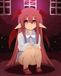  ascot blush demon_wings full_moon hands_on_own_knees head_wings highres koakuma long_hair moon pointy_ears red_eyes red_hair red_moon shoes smile solo squatting touhou very_long_hair window wings zuttokodomo 