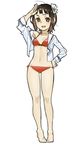  :d amami_haruka barefoot bikini bikini_under_clothes blazer brown_eyes brown_hair front-tie_top full_body hair_ribbon hand_on_hip highres idolmaster idolmaster_(classic) jacket navel open_clothes open_mouth red_bikini ribbon salute short_hair side-tie_bikini simple_background sketch smile solo spawnfoxy swimsuit swimsuit_under_clothes white_background 