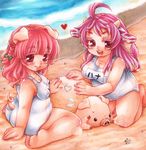  ahoge animal_ears barefoot beach blush braid breasts character_name cow_ears cow_tail from_behind full_body hair_ribbon hana_(shira) heart horns large_breasts long_hair multiple_girls one-piece_swimsuit original pig pig_ears pig_girl pig_tail pink_eyes pink_hair plump ribbon school_swimsuit shira_(kunseitamago) sweat swimsuit tail tonko_(shira) white_school_swimsuit white_swimsuit 