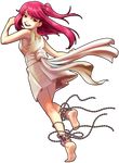  ankle_cuffs anklet barefoot chain dress full_body jewelry long_hair looking_back magi_the_labyrinth_of_magic morgiana omi_(pixiv1284626) one_side_up red_eyes red_hair smile soles solo transparent_background white_dress 
