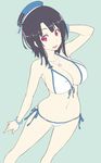  arm_up bad_id bad_pixiv_id beret bikini black_hair bracelet breasts cleavage dan_(kumadan) from_above front-tie_top hat jewelry kantai_collection large_breasts necklace red_eyes side-tie_bikini simple_background smile solo string_bikini swimsuit takao_(kantai_collection) white_bikini 