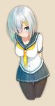  blue_eyes blush breasts hair_ornament hair_over_one_eye hairclip hamakaze_(kantai_collection) kantai_collection looking_at_viewer medium_breasts pantyhose school_uniform serafuku shirousagi_uyu short_hair short_sleeves silver_hair solo 