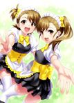  :d alternate_costume blush bow bowtie brown_eyes brown_hair enmaided futami_ami futami_mami hair_bow idolmaster idolmaster_(classic) jpeg_artifacts long_hair looking_at_viewer maid maid_headdress multiple_girls open_mouth outstretched_arm puffy_sleeves short_hair short_sleeves siblings side_ponytail sisters smile thighhighs twins v yellow_bow zen 