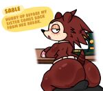 2024 animal_crossing anthro arms_on_table big_butt blush breasts brown_body bulge butt dialogue digital_drawing_(artwork) digital_media_(artwork) duo english_text eulipotyphlan female freckled_face freckles hedgehog hi_res huge_butt leaning leaning_forward lewdewott looking_at_viewer looking_back looking_back_at_viewer male male/female mammal narrowed_eyes nintendo on_lap open_mouth sable_able simple_background sitting_on_another sitting_on_lap text thick_thighs white_background