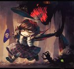  asphyxiation brown_hair cape dark darkness dripping glasses hat hat_removed headwear_removed koto_inari skirt skull spoken_skull strangling tears touhou usami_sumireko youkai 