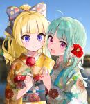  2girls :d ahoge aqua_hair bangs battle_girl_high_school blonde_hair blue_kimono blue_sky blurry blurry_background blush bow braid candy_apple closed_mouth commentary_request curly_hair day eating eyebrows_visible_through_hair floral_print flower food from_side hair_bow hair_flower hair_ornament hand_up head_tilt highres holding holding_food japanese_clothes kimono kiyosato0928 long_hair long_sleeves looking_at_viewer looking_to_the_side multiple_girls obi open_mouth outdoors print_kimono purple_bow purple_eyes red_eyes red_flower sadone sash sendouin_kaede sidelocks sky smile upper_body wide_sleeves yellow_kimono 