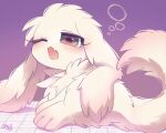 2024 3_toes ambiguous_gender blush colored cute_fangs digital_media_(artwork) eyelashes feet feral floppy_ears fluffy fluffy_ears fluffy_tail full-length_portrait fur head_tuft hi_res inochi_(mekkyaru) kemono lagomorph long_ears looking_at_viewer looking_back looking_back_at_viewer lop_ears lying mammal mekkyaru monotone_body monotone_fur monotone_tail neck_tuft on_side one_eye_closed open_mouth paws pink_eyes portrait pupils purple_background shaded signature simple_background solo tail tired toes tuft white_body white_ears white_fur white_tail yawn