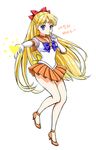  aino_minako bare_legs bishoujo_senshi_sailor_moon blonde_hair blue_bow blue_eyes bow brooch choker elbow_gloves finger_to_mouth full_body gloves hair_bow half_updo heart high_heels index_finger_raised jewelry korean long_hair magical_girl orange_choker orange_footwear orange_sailor_collar orange_skirt pleated_skirt red_bow sailor_collar sailor_senshi_uniform sailor_venus shainea shoes skirt solo strappy_heels tiara translation_request white_background white_gloves yellow_bow 