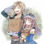  1boy 1girl :d ^_^ atelier_(series) atelier_meruru bag bare_shoulders black_pants blue_dress blue_sleeves brown_hair carrying_over_shoulder closed_eyes commentary_request detached_sleeves dress facing_viewer gino_knab green_jacket hat holding holding_bag holding_sack jacket karasumi_(aiseec) long_hair long_sleeves open_mouth pants paper_bag sack short_hair smile totooria_helmold 