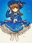  1girl akasasachii blue_hat blue_sailor_collar blue_shirt blue_skirt blush braid brown_hair closed_mouth cowboy_shot frilled_skirt frills funamusea hat long_hair long_sleeves looking_to_the_side low_twin_braids neckerchief oounabara_to_wadanohara sailor_collar shirt skirt sleeve_cuffs solo sparkle twin_braids wadanohara white_neckerchief witch_hat 