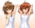  ;d ahoge alternate_costume arm_up armpits arms_up blush brown_eyes brown_hair fang folded_ponytail hair_ornament hairclip ikazuchi_(kantai_collection) inazuma_(kantai_collection) kantai_collection looking_at_viewer multiple_girls one-piece_swimsuit one_eye_closed open_mouth roura school_swimsuit school_uniform short_hair smile swimsuit white_school_swimsuit white_swimsuit 