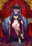  1girl amanna armchair breasts chair cleavage curly_hair curtains high_heels horns jewelry legs_crossed looking_at_viewer lots_of_jewelry monster_girl nail_polish navel original purple_hair sash sitting solo throne tiara very_long_hair 