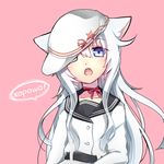  animal_ears blackbamboo blue_eyes cat_ears flat_cap hammer_and_sickle hat hibiki_(kantai_collection) horosho kantai_collection kemonomimi_mode long_hair long_sleeves open_mouth pink_background silver_hair simple_background solo verniy_(kantai_collection) 