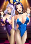  animal_ears blush breasts bunny_ears bunny_girl bunnysuit covered_nipples detached_collar dragon@harry gigantic_breasts highres idolmaster idolmaster_(classic) long_hair looking_at_viewer miura_azusa multiple_girls open_mouth pantyhose purple_eyes purple_hair red_eyes shijou_takane short_hair silver_hair smile wrist_cuffs 