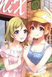 :&lt; anchor animal_print bad_id bad_pixiv_id blonde_hair breasts brick_wall cleavage collarbone double_scoop dress fish_print food gingham gingham_dress hair_ornament hat highres hoshizora_rin ice_cream ice_cream_cone kamon_(shinshin) koizumi_hanayo licking_lips love_live! love_live!_school_idol_project medium_breasts midriff multiple_girls navel open_mouth outdoors red_hair sprinkles tongue tongue_out whale whale_print 