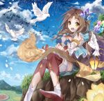  1girl :d atelier_(series) atelier_firis bird blue_shirt blue_skirt blue_sky boots braid brown_footwear brown_hair cloud commentary_request crystal_hair_ornament day dove firis_mistlud flock grass green_eyes holding holding_map karasumi_(aiseec) long_hair looking_at_viewer map map_(object) oil_lamp open_mouth outdoors shirt sitting skirt sky smile solo thigh_boots 