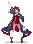  1girl arm_up atelier_(series) atelier_sophie_2 bare_legs blush breasts brown_eyes closed_mouth coat commentary_request dress flower frills full_body hair_flower hair_ornament highres jewelry karasumi_(aiseec) long_sleeves looking_at_viewer medium_breasts necklace red_hair short_hair simple_background smile solo sophie_neuenmuller sparkle standing white_background wide_sleeves 