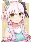  1girl absurdres animal_ears atelier_(series) atelier_sophie_2 border brown_background closed_mouth fake_animal_ears green_eyes hair_rings hairband highres kinakonato long_hair looking_at_viewer outside_border plachta smile solo sparkle upper_body white_border 