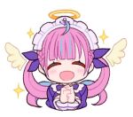  1girl :d =_= anchor_symbol angel_wings chibi chibi_only commentary_request cropped_torso detached_wings drill_hair feathered_wings halo hands_up hololive maid_headdress minato_aqua minato_aqua_(1st_costume) multicolored_hair nosir_onadat official_art own_hands_together purple_hair simple_background smile solo sparkle traditional_halo twin_drills upper_body virtual_youtuber white_background wings 