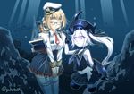  bare_shoulders blonde_hair closed_eyes destroyer_hime garter_straps glasses hat kantai_collection long_hair machinery multiple_girls neckerchief necktie no_panties original pale_skin pince-nez rms_titanic shinkaisei-kan side_ponytail skirt skirt_set sogabe_toshinori thighhighs torn_clothes torn_skirt underwater union_jack white_eyes white_hair white_legwear 