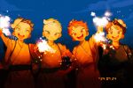  :d annsmow black_hair black_kimono blue_background bokuto_koutarou brown_eyes cat_mask cloud fireworks grey_hair haikyuu!! highres hinata_shouyou holding holding_fireworks hoshiumi_kourai japanese_clothes kimono male_focus mask mask_on_head multicolored_hair multiple_boys nishinoya_yuu open_mouth orange_hair outdoors short_hair sky smile sparkler star_(sky) starry_sky streaked_hair teeth two-tone_hair white_hair white_kimono yukata 