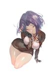  black_gloves breasts bursting_breasts covered_navel dress foreshortening gloves hair_intakes hand_on_own_face hips kantai_collection large_breasts protected_link purple_eyes purple_hair short_dress simple_background smile solo tatsuta_(kantai_collection) thigh_gap thighs white_background zuizi 