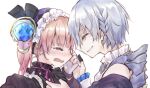  1boy 1girl alt_(atelier) atelier_(series) atelier_lydie_&amp;_suelle black_gloves blush braid closed_eyes commentary_request crying facing_another fingerless_gloves from_side gloves hair_between_eyes hair_ornament hairband hands_up karasumi_(aiseec) lydie_malen open_mouth pink_hair profile short_hair simple_background smile tears upper_body white_background white_gloves 
