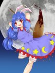  animal_ears arms_behind_head bad_id bad_pixiv_id blood bloomers blue_hair bunny_ears dress ear_clip full_moon hachi_(hrhr_1983) kine long_hair low-tied_long_hair mallet moon ponytail red_eyes seiran_(touhou) smile solo touhou underwear 