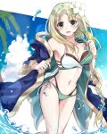  1girl atelier_(series) atelier_lulua bikini blue_coat breasts cloud coat commentary_request cowboy_shot day flower green_eyes green_hair hair_flower hair_ornament hand_up highres karasumi_(aiseec) long_hair long_sleeves looking_at_viewer medium_breasts navel open_clothes open_coat open_mouth outdoors piana_(atelier) piana_(vivid_two-color)_(atelier) polka_dot polka_dot_bikini sky smile solo standing swimsuit very_long_hair water 