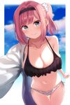  1girl absurdres bikini black_hairband blue_sky breasts cleavage cloud commentary_request cowboy_shot green_eyes hair_intakes hairband highres large_breasts mismatched_bikini mochizuki_momiji new_game! one_side_up pink_hair selfie sh1m4o side-tie_bikini sky smug solo swimsuit thigh_gap 