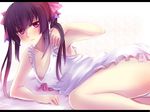  black_hair blush closed_mouth downblouse dress hair_ribbon letterboxed lying no_bra on_side panties pink_eyes ribbon senki_zesshou_symphogear solo tsukuyomi_shirabe twintails underwear white_dress yude 