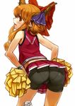  alternate_costume ass bike_shorts blush cheerleader fang from_behind hair_ribbon horns ibuki_suika long_hair looking_back nishiuri orange_hair pantylines pointy_ears pom_poms red_eyes ribbon shirt shorts shorts_under_skirt simple_background skirt sleeveless sleeveless_shirt smile solo touhou white_background 