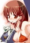  bikini blush breasts breath brown_eyes brown_hair condom covered_nipples gundam gundam_lost_war_chronicles hirowa_nagi large_breasts mouth_hold noel_anderson orange_bikini short_hair smile solo strap_gap sweat swimsuit used_condom wet zoom_layer 