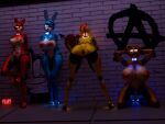 3d_(artwork) 4k animatronic anus bdsm bent_over big_breasts big_butt blender_cycles bonnie_(fnaf) breasts butt chica_(fnaf) collar digital_media_(artwork) female female/female five_nights_at_freddy&#039;s foxy_(fnaf) freddy_(fnaf) freekiller glowing glowing_body_parts glowing_eyes graffiti group hand_on_breast hands_behind_back hands_behind_head hands_on_wall hi_res huge_breasts huge_butt kneeling leaning_on_wall legs_together looking_at_viewer machine metallic_body nipples one_eye_closed open_mouth prostitution robot scottgames seductive spread_legs spreading standing wall_(structure)