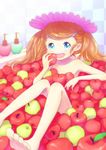  apple barefoot bathtub blue_eyes collarbone eating feet food fruit hair_ornament hairclip in_food legs nude orange_hair original shampoo_hat solo toes twintails 