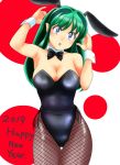  1girl 2019 absurdres animal_ears black_leotard black_neckwear blue_eyes bow bowtie breasts brown_legwear bunny_ears bunny_girl bunnysuit circle commentary_request cowboy_shot detached_collar fishnet_pantyhose fishnets green_hair happy_new_year highres large_breasts leotard long_hair looking_at_viewer lum nanao_futaba new_year oni_horns open_mouth pantyhose pointy_ears solo strapless strapless_leotard thigh_gap urusei_yatsura white_background wrist_cuffs 