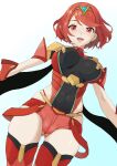  1girl :d absurdres ass_visible_through_thighs breasts covered_navel covered_nipples from_below highres large_breasts looking_at_viewer open_mouth panties pomerachi pyra_(xenoblade) red_eyes red_hair red_panties red_thighhighs short_hair short_sleeves simple_background smile solo standing swept_bangs teeth thighhighs tiara tongue underwear upper_teeth_only white_background xenoblade_chronicles_(series) xenoblade_chronicles_2 