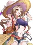  1girl :d atelier_(series) atelier_firis bag belt blush bracelet breasts brown_hair cowboy_shot crystal denim denim_shorts firis_mistlud firis_mistlud_(resort_vacation) green_eyes hat jewelry karasumi_(aiseec) long_hair looking_at_viewer navel open_mouth shorts sidelocks simple_background smile solo white_background witch_hat 