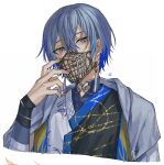  1boy :d absurdres black_kimono blue_eyes blue_hair colored_inner_hair commentary_request cropped_shoulders crossed_bangs gold_trim hair_between_eyes hakobune_noark hand_up highres japanese_clothes kimono koyanagi_rou long_sleeves looking_at_viewer male_focus multicolored_clothes multicolored_eyes multicolored_hair multicolored_kimono muzzle nijisanji open_mouth short_hair simple_background smile solo tassel teeth upper_body upper_teeth_only virtual_youtuber white_background white_kimono yellow_eyes 