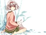  barefoot blush bunny cardigan from_behind hair_ornament hairband looking_at_viewer looking_back original red_eyes short_hair sitting skirt solo tan_(tangent) wariza white_hair 