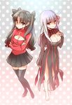  barefoot black_hair black_legwear cleavage_cutout dark_sakura fate/stay_night fate_(series) hair_ribbon kettle21 matou_sakura meme_attire multiple_girls open-chest_sweater red_eyes ribbon sweater thighhighs toosaka_rin two_side_up white_hair 