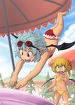  alternate_costume asymmetrical_hair asymmetrical_wings bad_perspective bat_wings bikini blonde_hair blush_stickers breasts day diving fangs flandre_scarlet goggles goggles_on_head highres lavender_hair looking_at_another multiple_girls open_mouth outdoors pointy_ears red_bikini red_eyes remilia_scarlet scarlet_devil_mansion shaded_face short_hair siblings side-tie_bikini side_ponytail sisters small_breasts swimsuit touhou wading_pool water water_gun wings worried yellow_bikini yukiman 