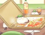  :3 animal_ears cat_ears cat_tail chen commentary_request food glass green_hat hat ibaraki_natou jewelry mob_cap multiple_tails nekomata no_humans pizza pizza_box single_earring tail touhou two_tails 