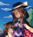  angry bow brown_eyes brown_hair cape clothes_writing cloud day detached_sleeves glasses hair_bow hair_tubes hakurei_reimu hat hat_bow headlock long_hair long_sleeves low_twintails meu multiple_girls one_eye_closed open_mouth red-framed_eyewear school_uniform sky smile touhou twintails usami_sumireko 
