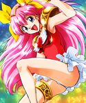  :d angel_peach bare_legs blue_eyes brooch hair_ribbon hanasaki_momoko jewelry leg_garter long_hair magical_girl miniskirt multicolored multicolored_background nekomaru open_mouth pauldrons pink_hair ribbon skirt smile solo tiara wedding_peach white_skirt yellow_ribbon 