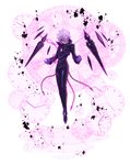  add_(elsword) black_sclera bodysuit chain chest_jewel clock commentary detached_wings diabolic_esper_(elsword) elsword evil_smile floating gloves highres looking_at_viewer male_focus one_eye_covered purple_eyes roman_numerals simple_background smile solo symbol waero white_background white_hair wings 